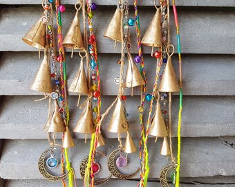 Unique windchime with bells and multicolor braided tassel and beaded chain and brass moon with diamond charm, doorhanger, wall hanging