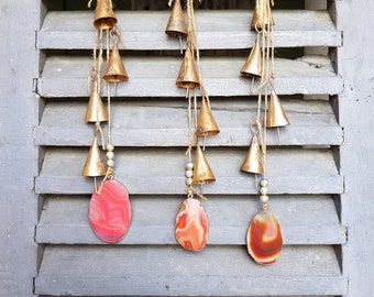 Windchime with 5 Antique colored shaped cow bells and a large natural stone, suncather, hanging chime, Geode Stone, Crystal Quartz Mobile