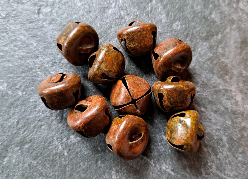 Set of 10 round shape tin Bells in a rusty rustic antique finish with a light sound, Witch bell supplies, Windchime, Christmas jingle bell image 4