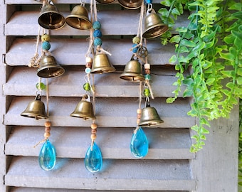 Fantasy Windchime Witches bells lava glass coconut wood brass feather and ceramic beads and brass bells, Turquoise glass chandelier pendant