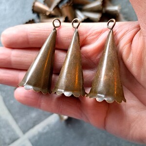 Set of 8 Cone shaped tin Bells in a brown rustic antique finish with a light sound, Witch bell supplies, Windchime, Christmas jingle bell image 2