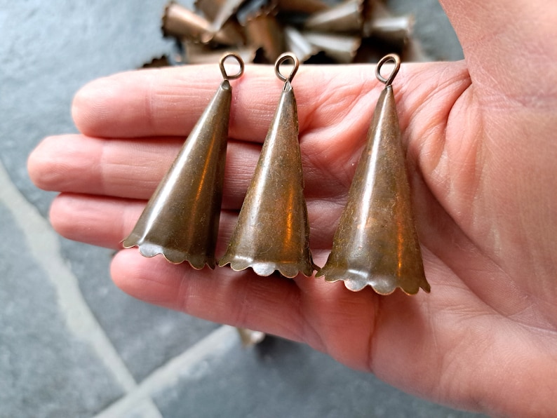 Set of 8 Cone shaped tin Bells in a brown rustic antique finish with a light sound, Witch bell supplies, Windchime, Christmas jingle bell image 2