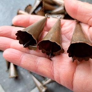 Set of 8 Cone shaped tin Bells in a brown rustic antique finish with a light sound, Witch bell supplies, Windchime, Christmas jingle bell image 3