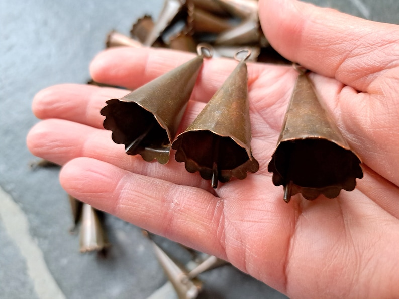 Set of 8 Cone shaped tin Bells in a brown rustic antique finish with a light sound, Witch bell supplies, Windchime, Christmas jingle bell image 3