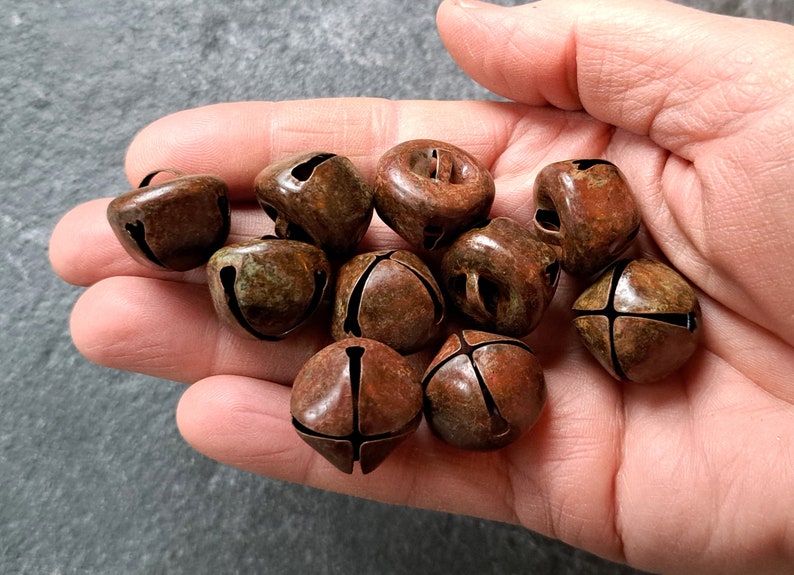 Set of 10 round shape tin Bells in a rusty rustic antique finish with a light sound, Witch bell supplies, Windchime, Christmas jingle bell image 3