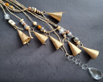 Witch Bells door hanger with African bone beads, Fantasy Door Bells, Brass colored Bells on a sisal hemp Twine, protection, hippie ethnic