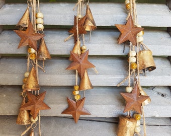 Doorknob windchime with cone shaped cow bells on a string and colorfull ceramic stone bead with rusty stars, antique gold brass, Witch bells