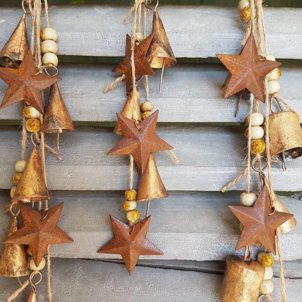 Doorknob windchime with cone shaped cow bells on a string and colorfull ceramic stone bead with rusty stars, antique gold brass, Witch bells