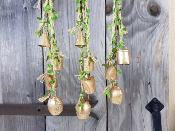 Windchime with mixed bells, Witch Bells, Entry Way Protection Bells, Witchcraft, Pagan, Wiccan, Door Bell, whimsical ethnic boho silk leaves