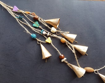 Witch Bells Windchime with ethnic whimsical boho beads, fantasy door hanger, Brass colored Bells on sisal hemp string, protection house home