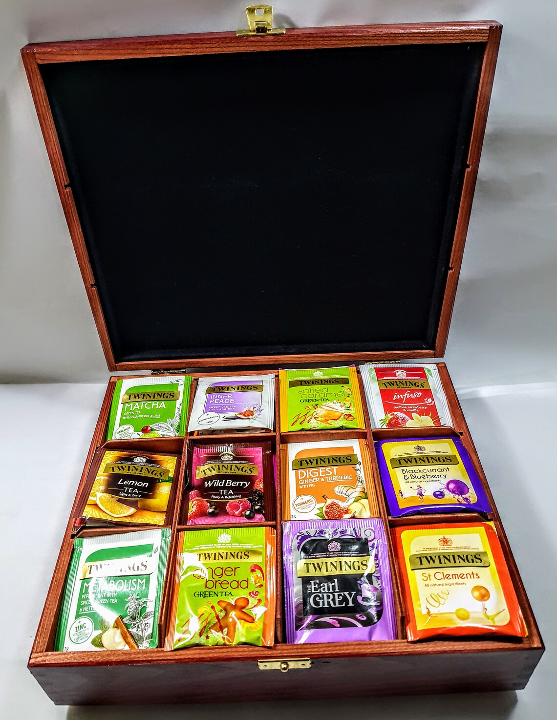 12 Compartment Tea Chest Box Caddy With 80 Twinings Enveloped Teabags
