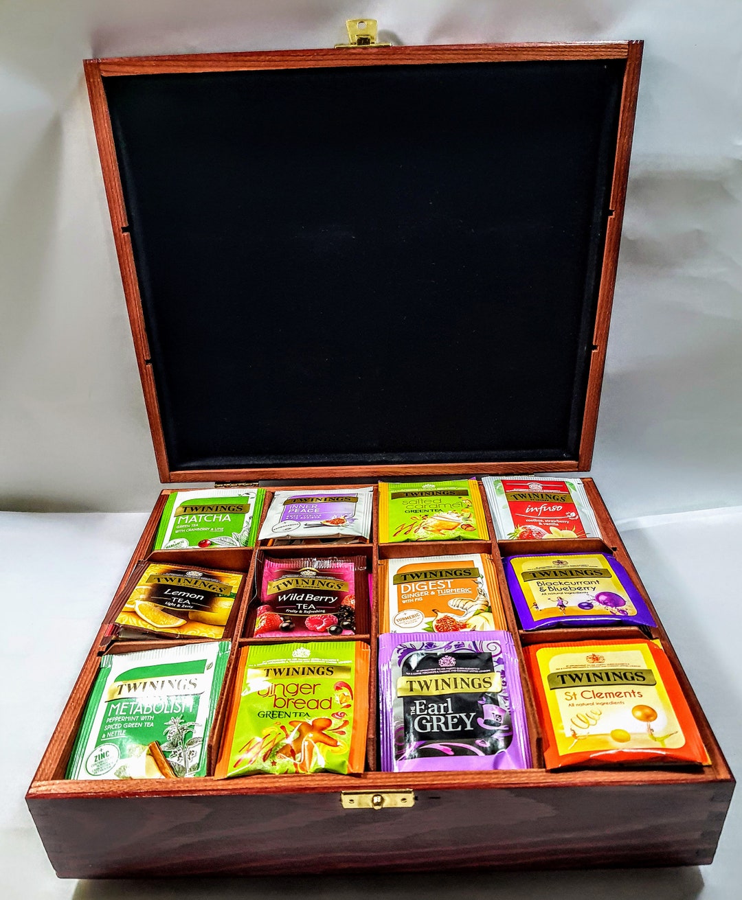 12 Compartment Tea Chest Box Caddy With 80 Twinings Enveloped Teabags