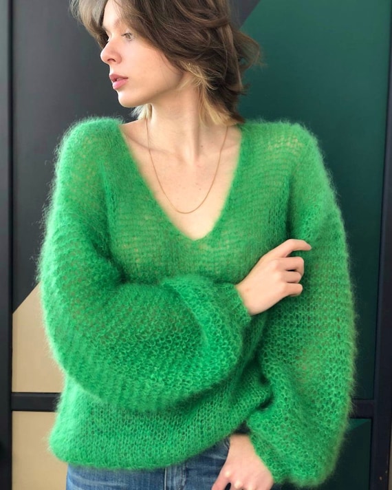 Mohair V Neck Pullover Knitting Pattern - Easy English Pattern