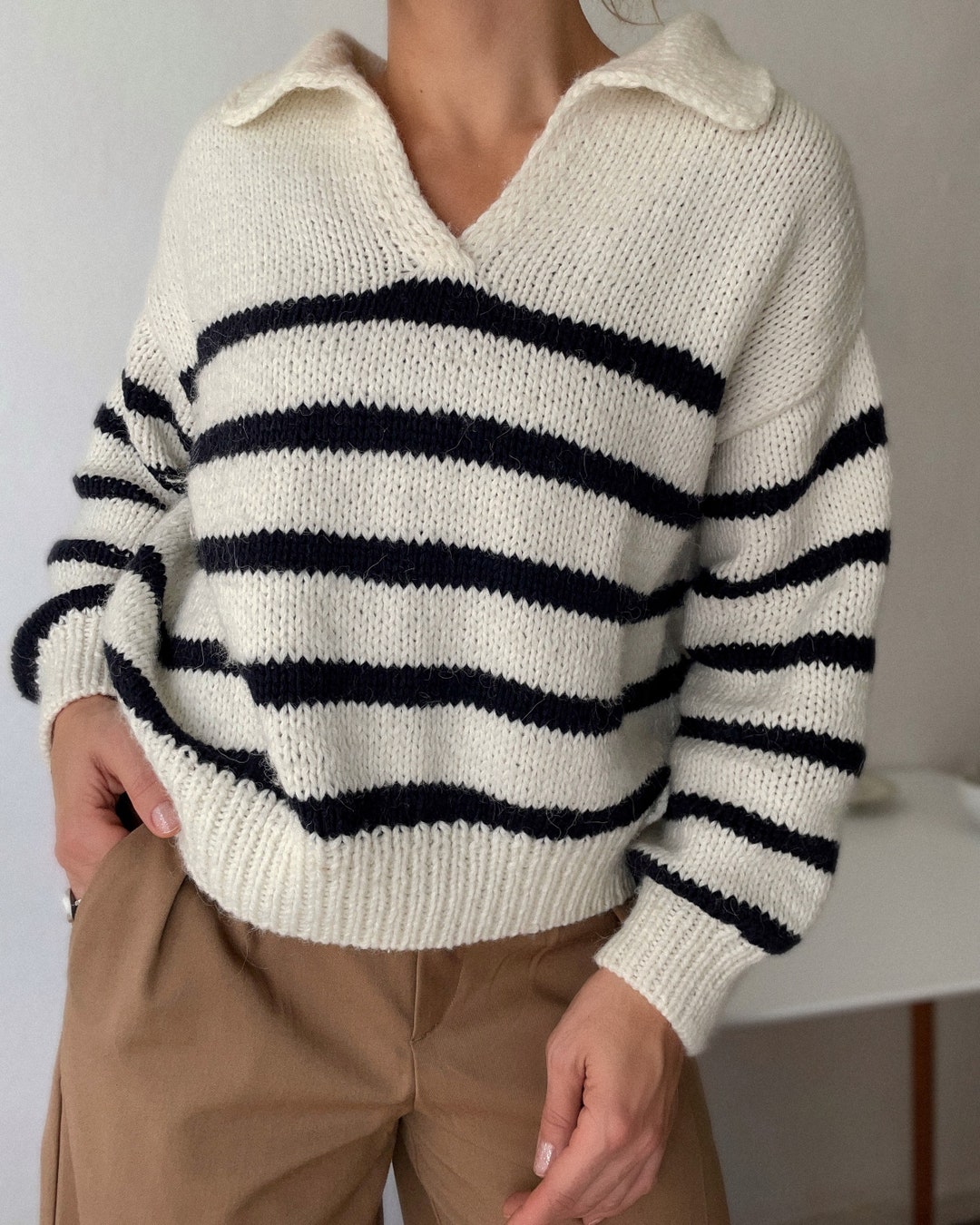 KNITTING PATTERN Polo Sweater Striped Polo Sweater Vintage Striped