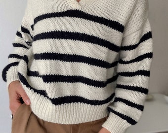 KNITTING PATTERN  Polo Sweater Striped polo sweater Vintage striped polo sweater Alpaca sweater Sweater knitting pattern pdf