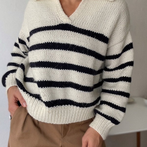 KNITTING PATTERN  Polo Sweater Striped polo sweater Vintage striped polo sweater Alpaca sweater Sweater knitting pattern pdf
