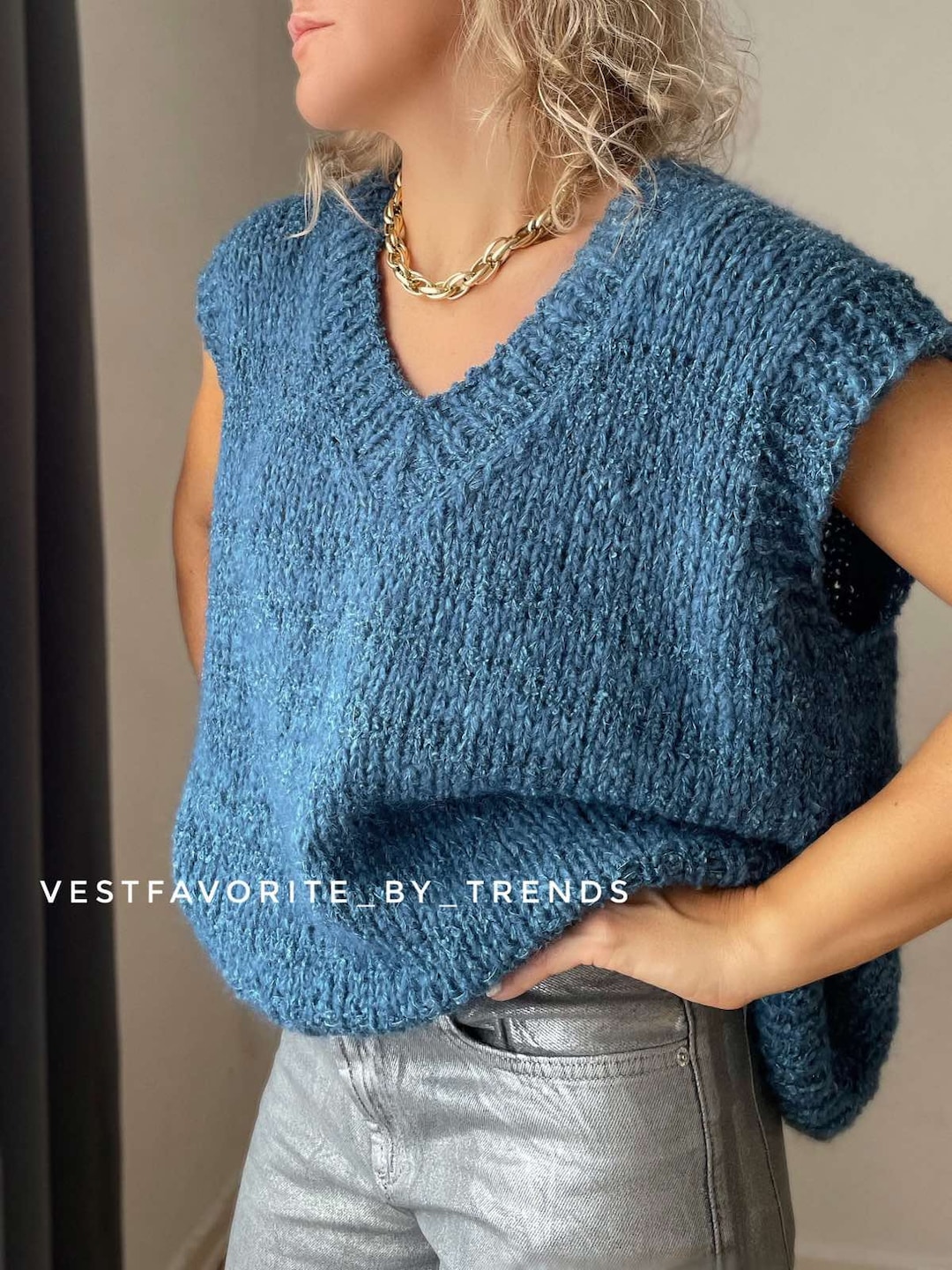 Oversized V-neck Vest Knitting Pattern Beginner Friendly (english PDF) 