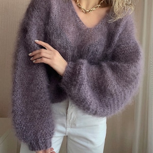 Knitting Pattern Sweater V Neck  Knitting Pattern Mohair Sweater Easy pullover knitting pattern Mohair chunky pullover pattern