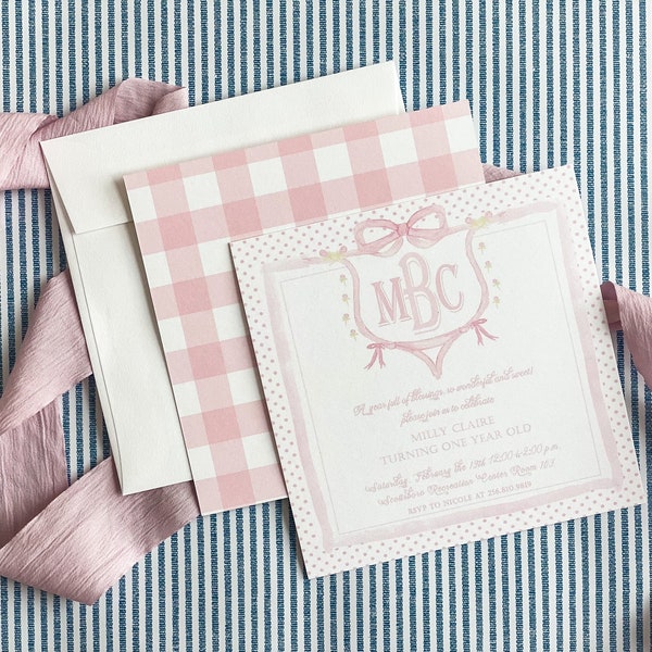 Invitation Birthday,first birthday,first birthday girl,first birthday girl invitation, baby shower invitation, baby shower girl,pink gingham