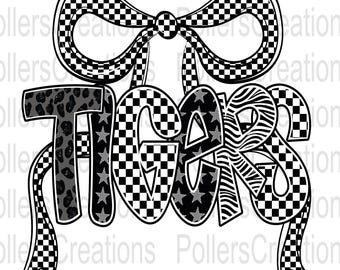 Tigers Mascot Png, Coquette School Spirit Sublimation, Checkered Leopard Teacher Design