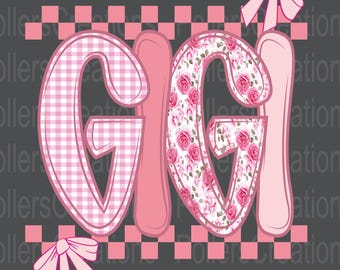 Preppy Gigi Png, Floral Coquette Girly Doodle Clipart, Checkered Sublimation Designs Hand Drawn