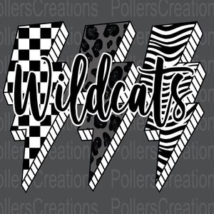 Wildcats Png Mascot Lightning Black and White Checkered Leopard Png Retro Wildcats Designs School Spirit Sublimation Designs Teacher Png