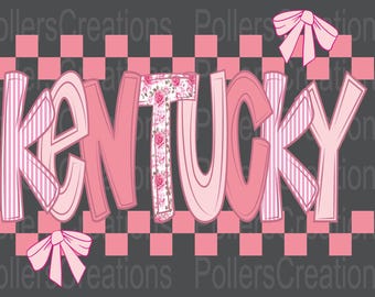 Preppy Kentucky PNG, Pink Checkered State Sublimation, Coquette Girly Doodle Clipart, Cute Trendy Digital Download File