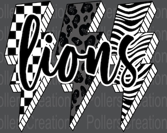 Retro Lions Png Mascot Lightning Black and White Checkered Leopard Png Lions Designs School Spirit Sublimation Designs Teacher Png