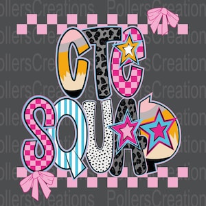 Könnte beinhalten: Ein Grafikdesign auf dunklem grauem Hintergrund zeigt die Worte "CTC SQUAD" in einer Vielzahl von Mustern und Farben, darunter rosa Schachbrettmuster, blaue Streifen und Leopardenmuster. Sterne und rosa Schleifen akzentuieren das Design.