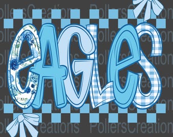 Preppy Eagles Png Mascot Floral Coquette Girly Doodle Clipart School Spirit Blue Checkered Sublimation Designs Hand Drawn Png