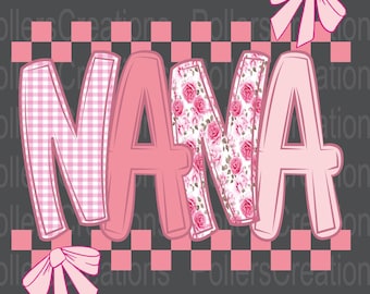 Preppy Nana Png, Floral Coquette Girly Doodle Clipart, Mother's Day Checkered Sublimation designs