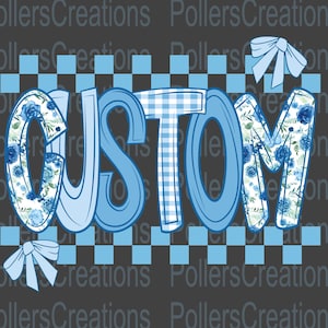 Może przedstawiać: Jasnoniebieska grafika ze słowem "CUSTOM" w zabawnym kroju pisma. Litery mają jasnoniebieski kontur, z literami "C" i "M" wypełnionymi niebieskim kwiatowym wzorem, "U" i "O" są jasnoniebieskie, a "S" i "T" mają niebiesko-biały wzór w kratkę. Tło jest ciemnoszare z jasnoniebieskim wzorem w kratkę.
