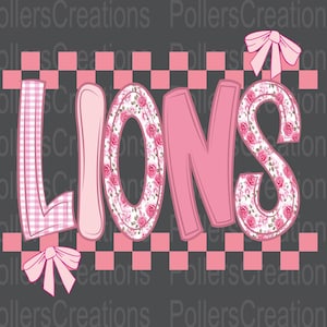 Preppy Lions Png Mascot Floral Coquette Girly Doodle Clipart School Spirit Pink Checkered Sublimation Designs Hand Drawn Png