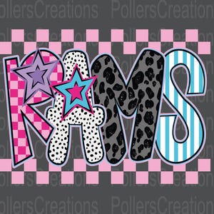 May include: A graphic design featuring the letters "RMS" in various patterns and colors. The "R" is pink checkered, the "M" is leopard print, and the "S" is blue and white striped. Two stars are layered over the "R". The background is a pink and white checkered pattern.