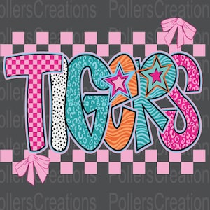 Preppy Tigers Png Mascot Coquette Girly Doodle Clipart School Spirit Checkered Dalmatian Leopard Sublimation Designs Hand Drawn Teacher Png