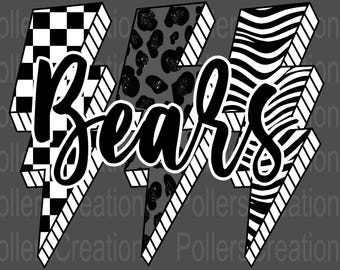 Retro Bears Png Mascot Lightning Black and White Checkered Leopard Png Bears Designs School Spirit Sublimation Designs Teacher Png