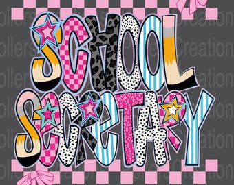 Preppy School Secretary Png First Day Of School Secretary Pencil Coquette Star Lightning Checker Dalmatian Doodle sublimation designs Png