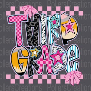 May include: A colorful graphic design with the words "THIRD GRADE" in a playful font. The letters feature various patterns like checkered, leopard print, and stripes, with star accents and pink bows. The background is a dark gray.