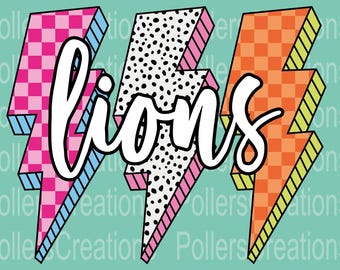 Preppy Lions Png Mascot Lightning Checkered Dalmatian Png Retro Lions Designs School Spirit Neon Clipart Sublimation Designs Teacher Png