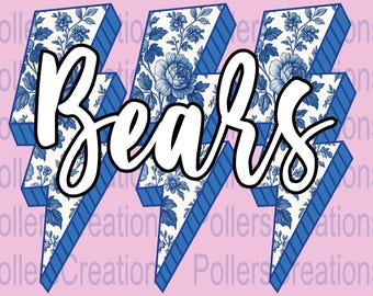 Bears Mascot Png, School Spirit Sublimation, Teacher Gameday Png, Retro Lightning Bolt Design, Blue Floral Toile