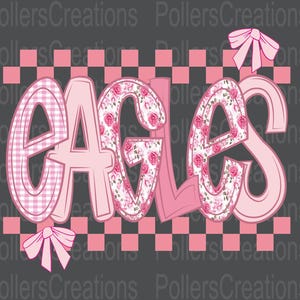 Preppy Eagles Png Mascot Floral Coquette Girly Doodle Clipart School Spirit Pink Checkered Sublimation Designs Hand Drawn Png