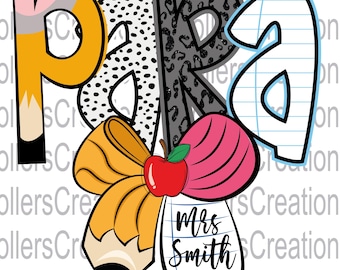 Könnte beinhalten: Ein farbenfrohes Grafikdesign mit dem Wort "Para" in großen Buchstaben. Die Buchstaben sind mit Punkten, Leopardenmuster und Notizbuchpapier verziert. Ein gelber Bleistift mit einem rosa Radiergummi ist am "P" befestigt. Ein roter Apfel mit einem grünen Blatt ist an einer gelben und rosa Schleife befestigt. Ein weißes Blatt Papier mit dem Text "Mrs. Smith" ist an der Schleife befestigt.