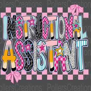 Preppy Instructional Assistant Png Pencil Coquette School Instructional Coach Pink Checkered Dalmatian Doodle sublimation designs Hand Drawn