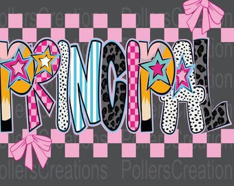 Preppy Principal png Pencil Coquette School Pink Checkered Dalmatian Doodle Clipart sublimation designs Hand Drawn Png