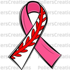 May include: A pink ribbon with a white and red baseball stitch design. The ribbon is tied in a knot and is a symbol of breast cancer awareness.