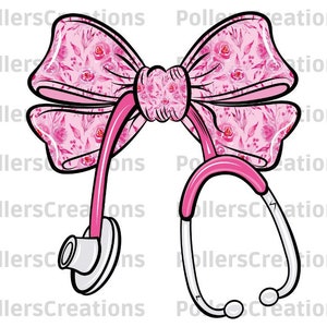 May include: A pink stethoscope with a floral bow. The stethoscope has a pink tube and a silver head. The bow is made of pink fabric with a floral pattern.