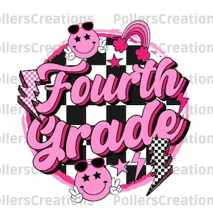 May include: Pink and black graphic design with the text "Fourth Grade" in a retro style. The design features a checkered background, lightning bolts, and smiley faces.
