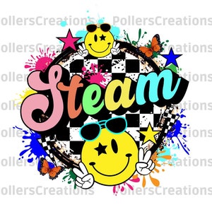 May include: A colorful graphic design with the word "Steam" in a retro font. The design features a checkered background, two smiley faces with sunglasses, and colorful paint splatters.