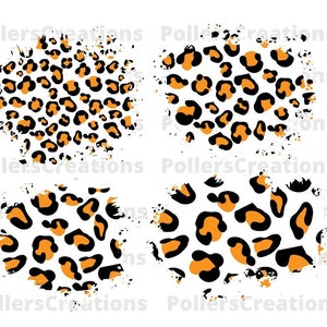 May include: Four digital clipart images of leopard print with a distressed, paint-splattered effect. The leopard print is orange and black on a white background.