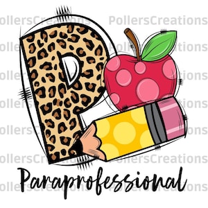 Paraprofessional Png, sublimeringsdesign för skola, Para Squad, lärartröja Png, handritad klotter, blyertsclipart, äpple, lärare, leopard